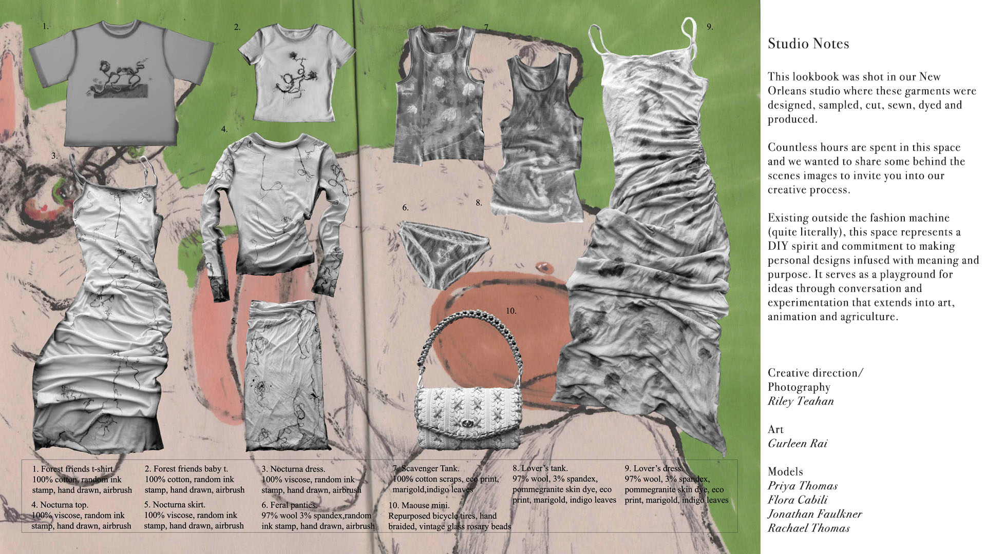 Collection of ten garments and accessories with hand-drawn and airbrushed ink designs, including t-shirts, dresses, tops, skirts, tank tops, panties, and a braided vintage-style purse, displayed on an illustrated background with product descriptions and studio notes about the creative process in New Orleans.