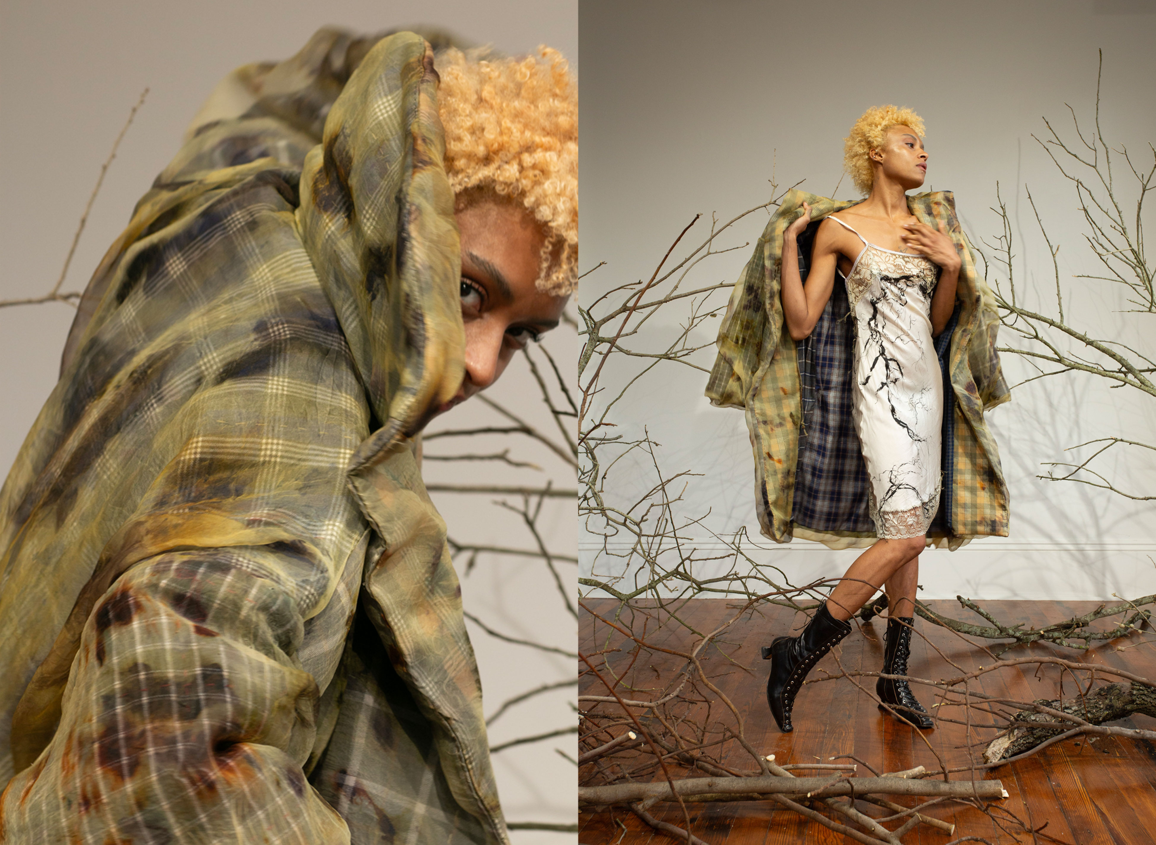a mysterious woman in a long coat with a silk dress underneath 