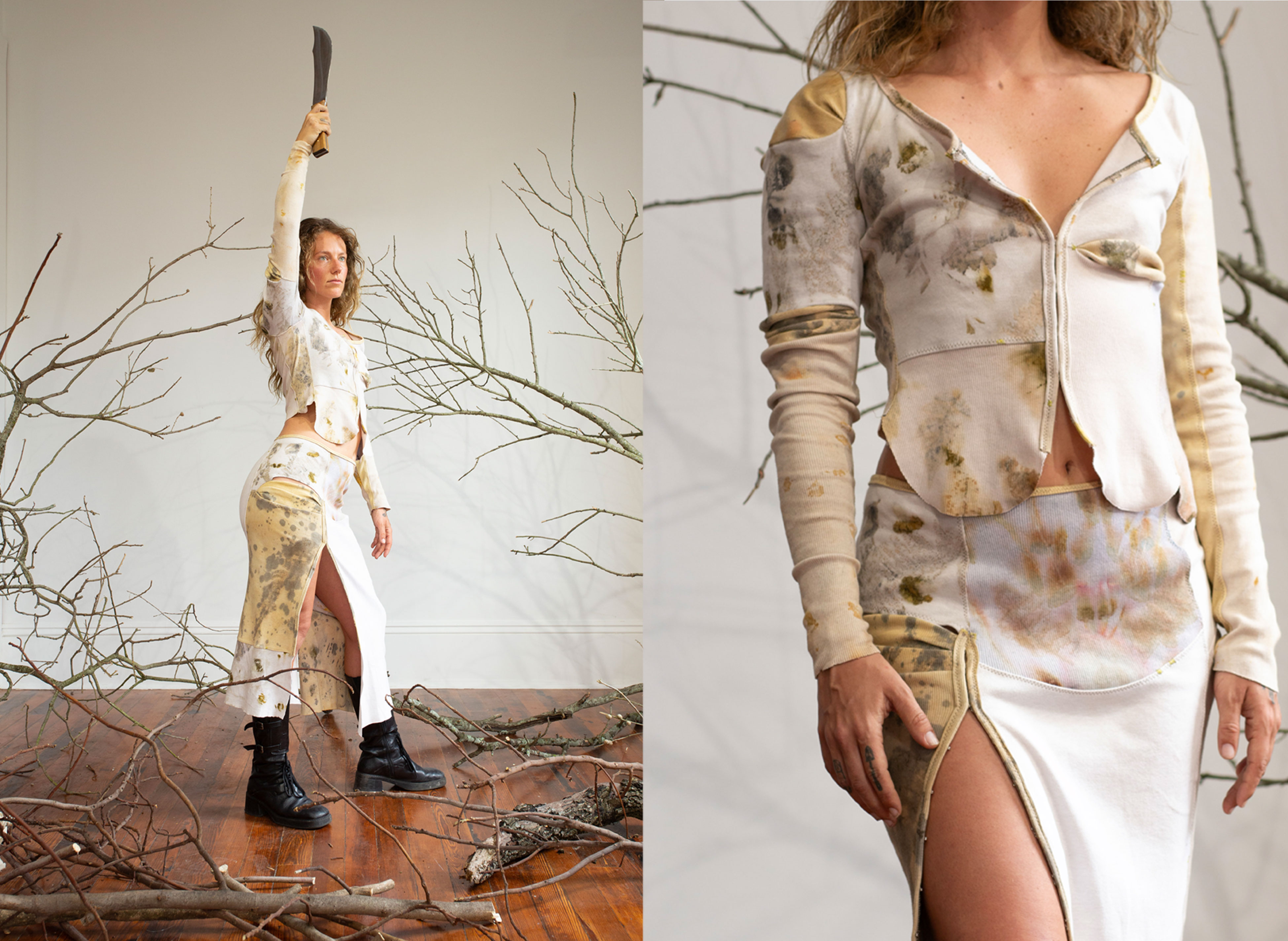 woman channeling Joan of Arc in a top and skirt 