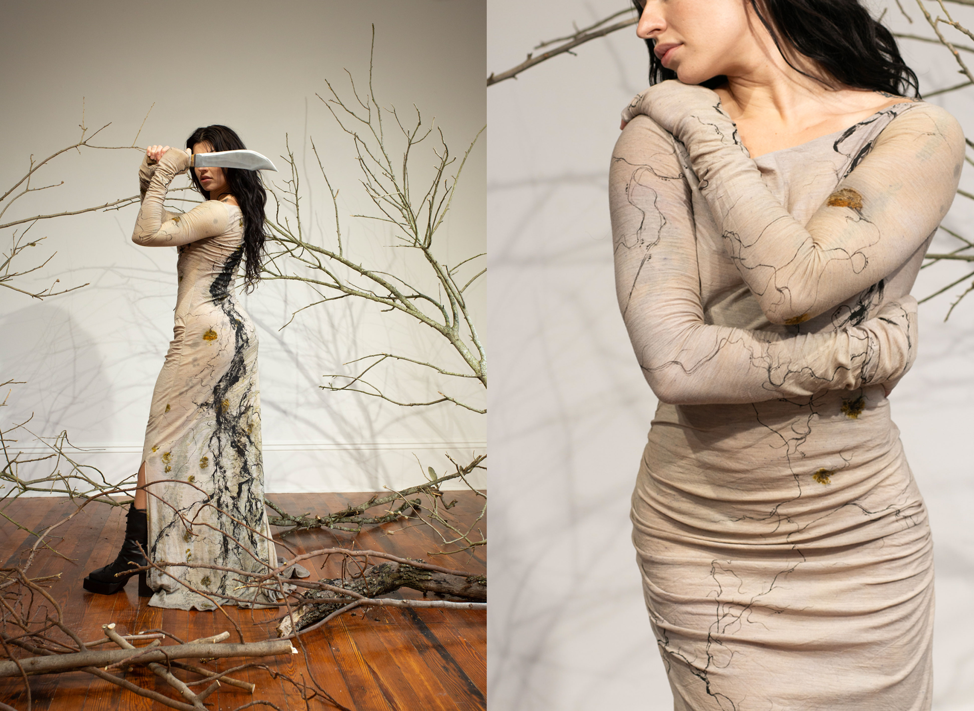 woman in a floor length dress naturally dyed with flowers