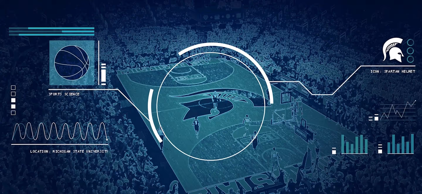 sports science graphic overlaying a Michigan State University basketball court with data visualizations and a Spartan helmet icon