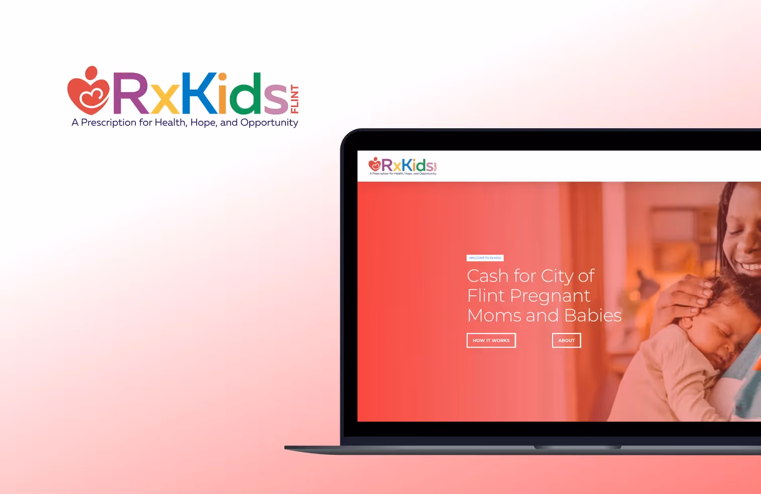 Rx Kids Flint graphic showing a laptop with a program webpage promoting support for pregnant mothers and babies