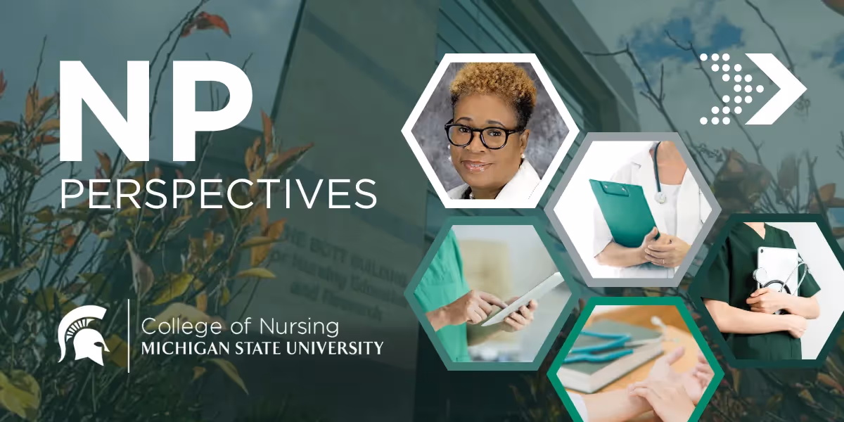 College of Nursing NP Perspectives graphic featuring multiple hexagon images related to nursing practice