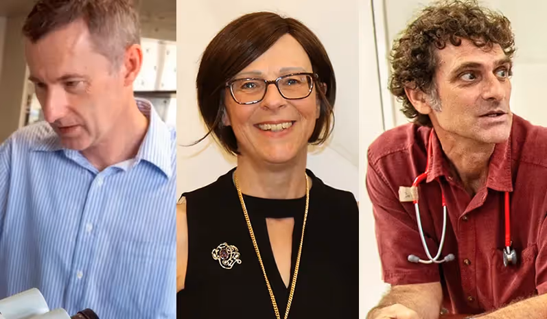 three professionals standing side by side, each wearing different attire including a dress shirt, a sleeveless top with a necklace, and a medical uniform with a stethoscope