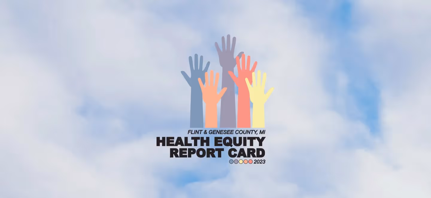 health equity report card graphic featuring raised multicolored hands against a cloudy sky background