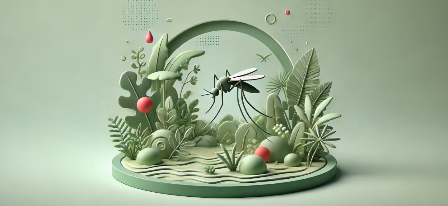 Stylized 3D illustration of a mosquito hovering over lush green plants and water, framed by abstract foliage and shapes, representing vector-borne disease and environmental health.