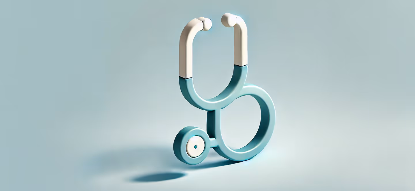 Minimalist 3D illustration of a teal stethoscope with rounded, toy-like shapes on a light blue background.