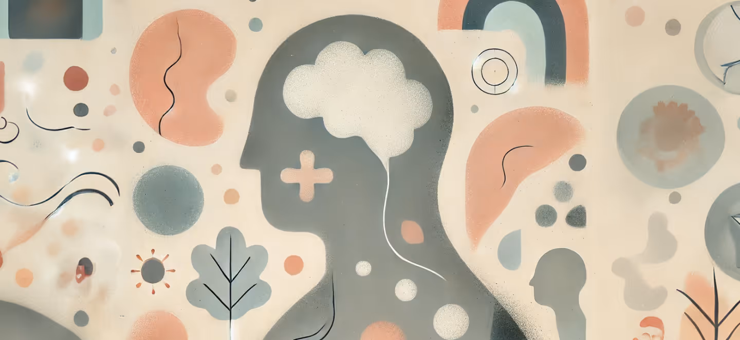 Abstract illustration of a human head silhouette with a brain and medical cross inside, surrounded by soft organic shapes and pastel symbols representing mental health, well-being, and holistic care.
