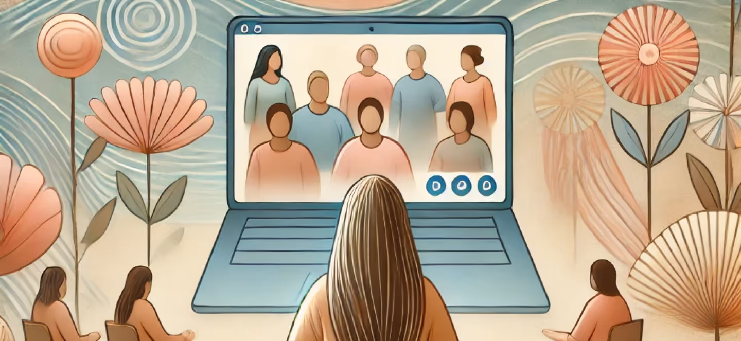 Illustrated scene of a person viewed from behind attending a virtual group meeting on a laptop, with diverse participants shown on screen, surrounded by soft pastel flowers and flowing abstract patterns symbolizing connection and community.
