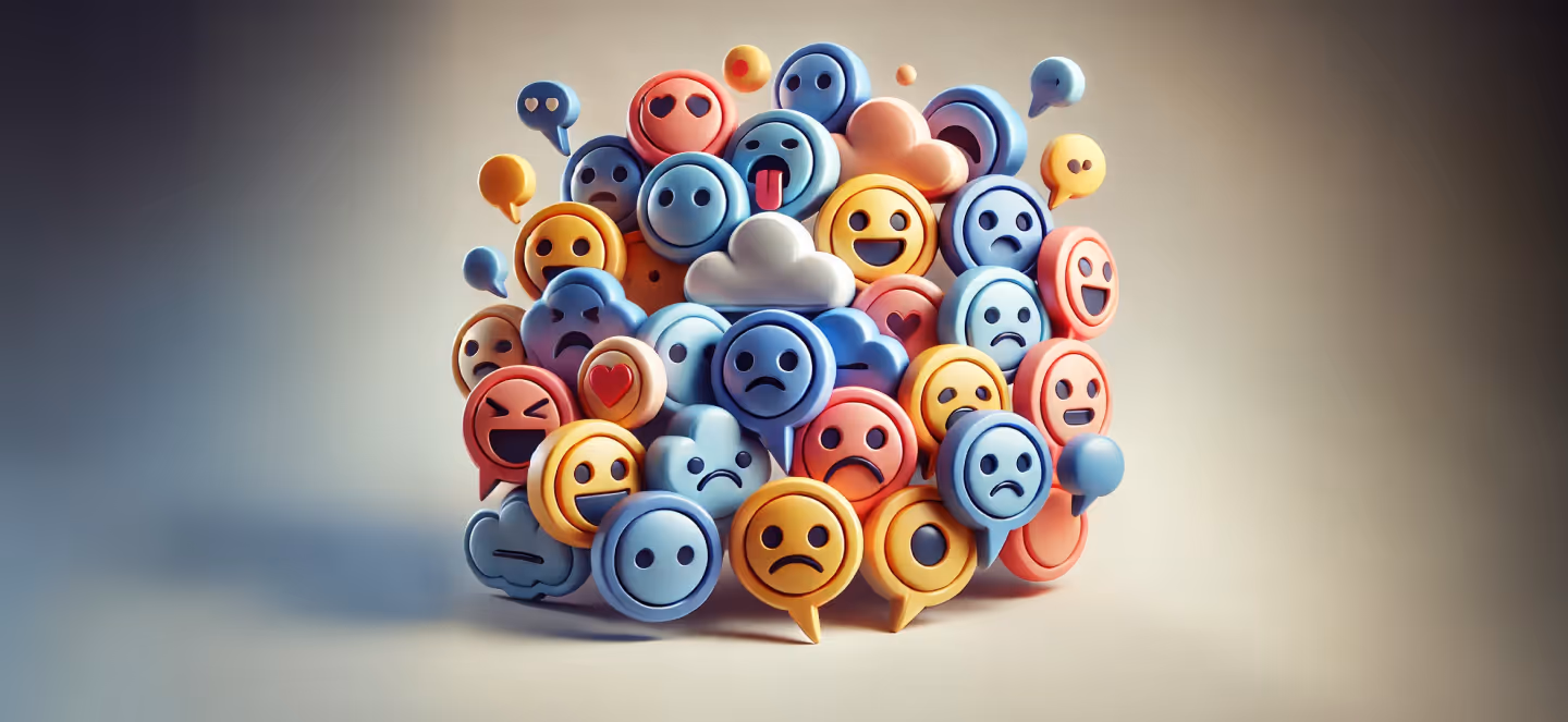 3D illustration of a clustered cube made of colorful speech-bubble emojis showing mixed emotions—happy, sad, angry, surprised, and neutral—floating together against a soft gradient background.