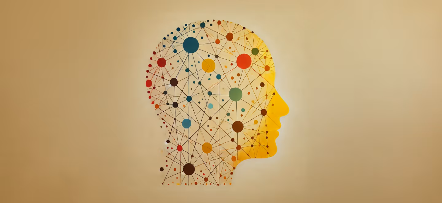 Abstract illustration of a human head in profile composed of interconnected nodes and lines, symbolizing cognition, data networks, and the complexity of the human mind.