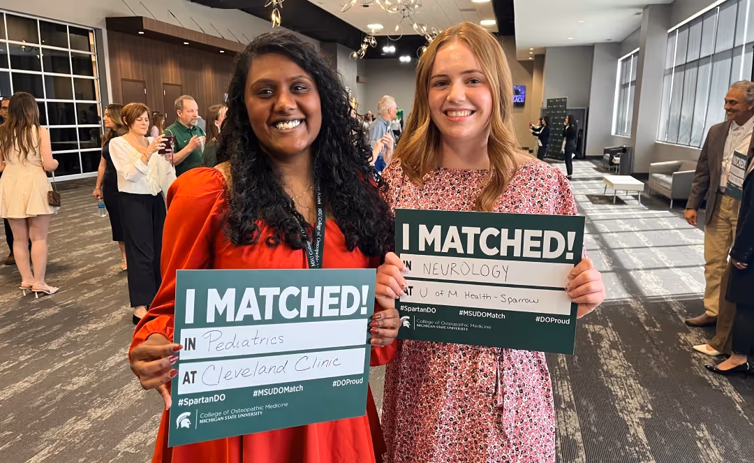 D.O. students and best friends Daphne Samuel and Amy Baier celebrate their matches for residency on national Match Day. Photos courtesy of the College of Osteopathic Medicine.