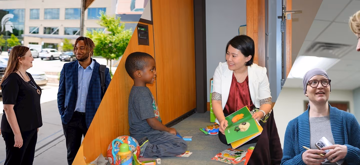 Collage of four images showing people interacting in community and health-related settings, including conversations outdoors, a person holding a booklet, and individuals seated indoors.