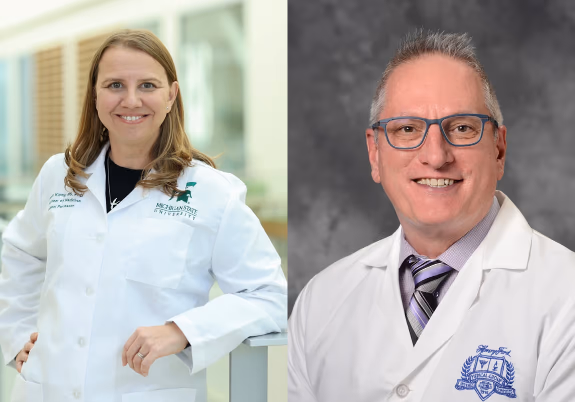 Two photos side by side, the left photo is of a woman smiling and posing in a Michigan State University lab coat and the photo on the right is a portrait of a man wearing glasses and a lab coat over a purple shirt and tie