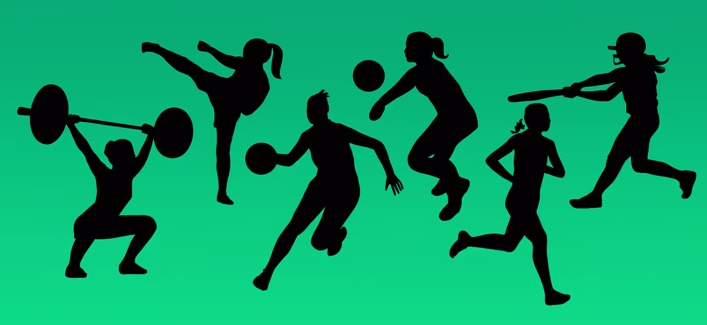 Black silhouettes of children and teenagers running, jumping, and playing sports against a bright green background.