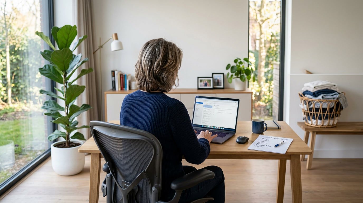 Vrouw achter haar laptop aan een bureau, met naast haar een handgeschreven takenlijstje