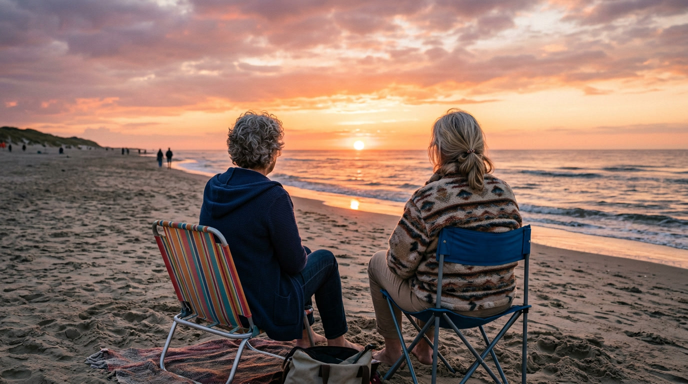 Twee vrouwen in strandstoelen kijken samen naar de zonsondergang boven zee