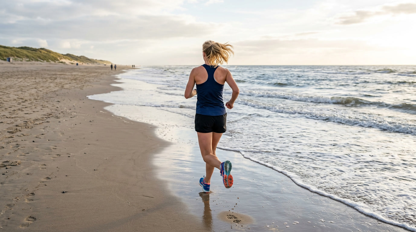 Vrouw rent over het strand langs de vloedlijn, met de duinen op de achtergrond