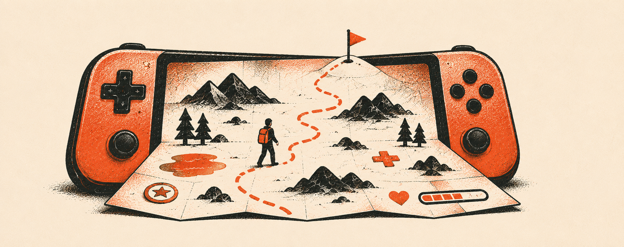 Illustration explaining game UX vs game UI, a game screen shown as a map with a player finding their way