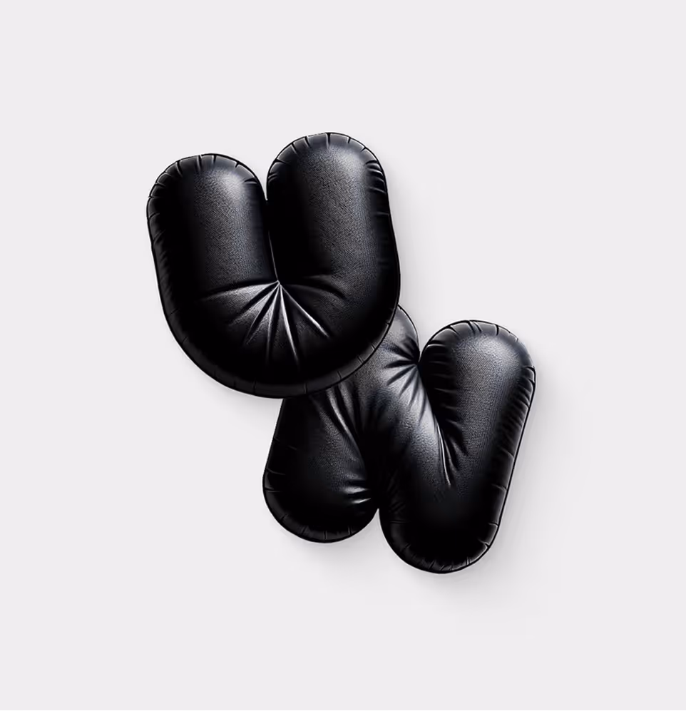 Two black, inflated, shiny balloon letters U and N on a plain light background.