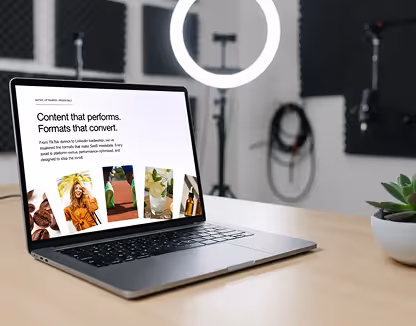 Laptop on wooden desk displaying content about effective formats, with a ring light and audio equipment in the background.