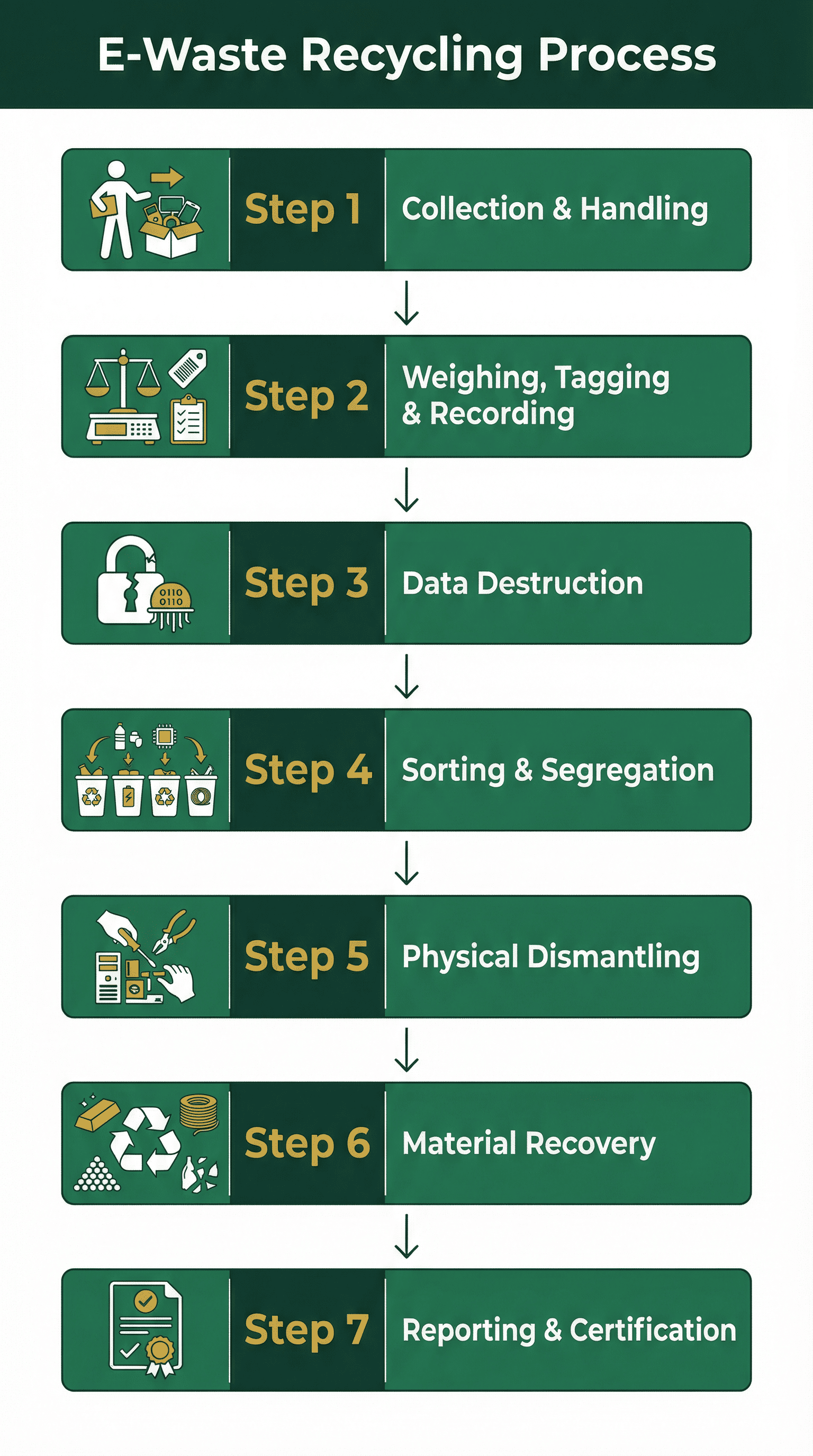 An infographic showing the Step-by-Step Process E-Waste Recycling Companies Do With Our E-Wastes in Singapore