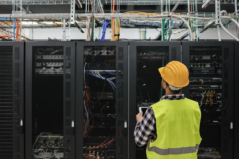 worker inspecting a data center