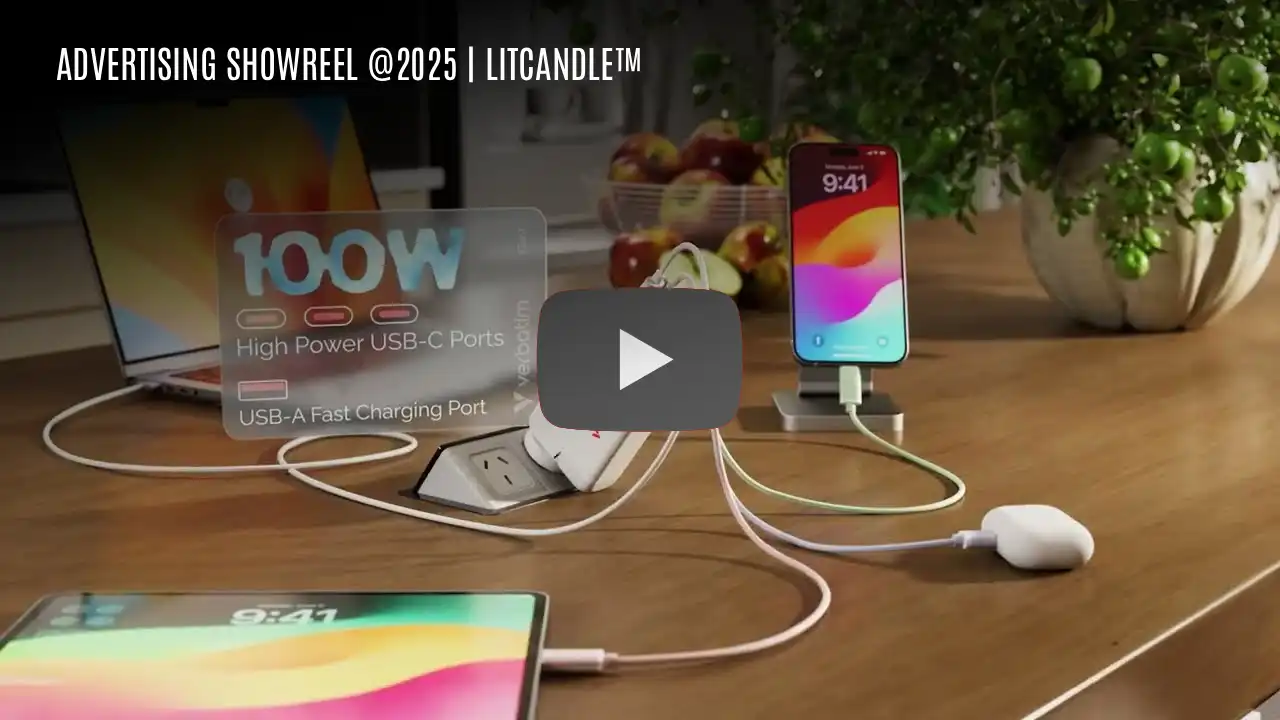 Charging setup with multiple devices connected to a power strip on a wooden table with a plant and fruit bowl.