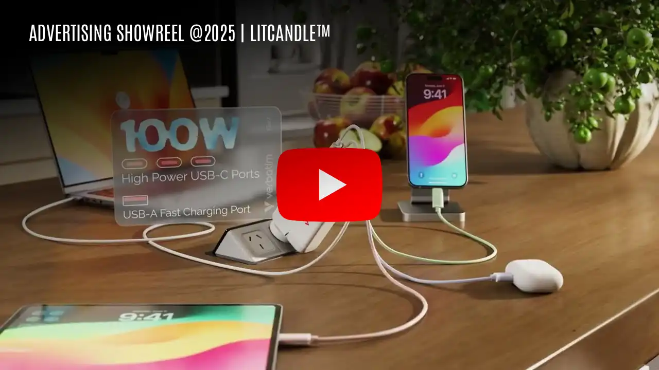 Charging setup with multiple devices on a wooden table, highlighting 100W high power USB-C ports.