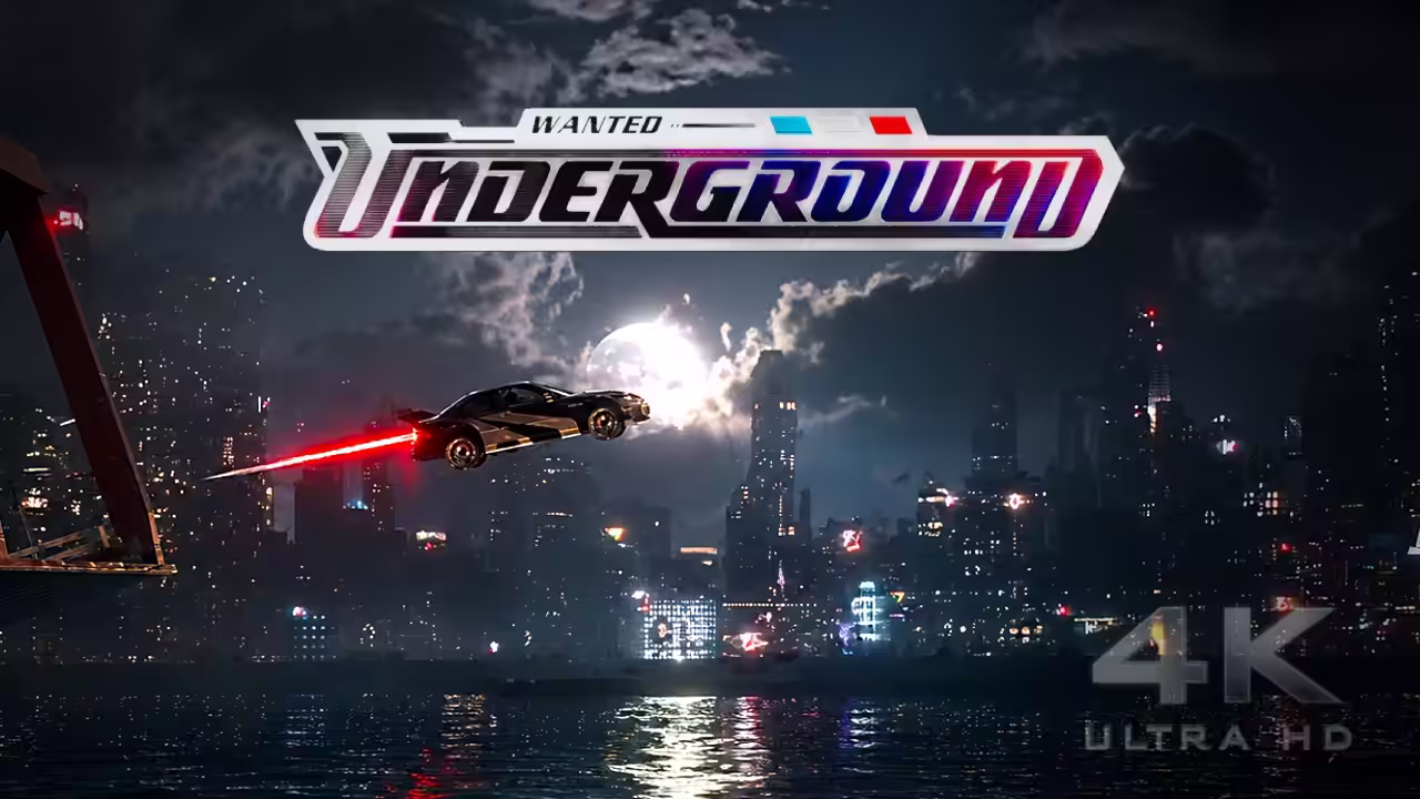 Flying car with red trail over cityscape at night under a full moon with 'Wanted Underground' text above.