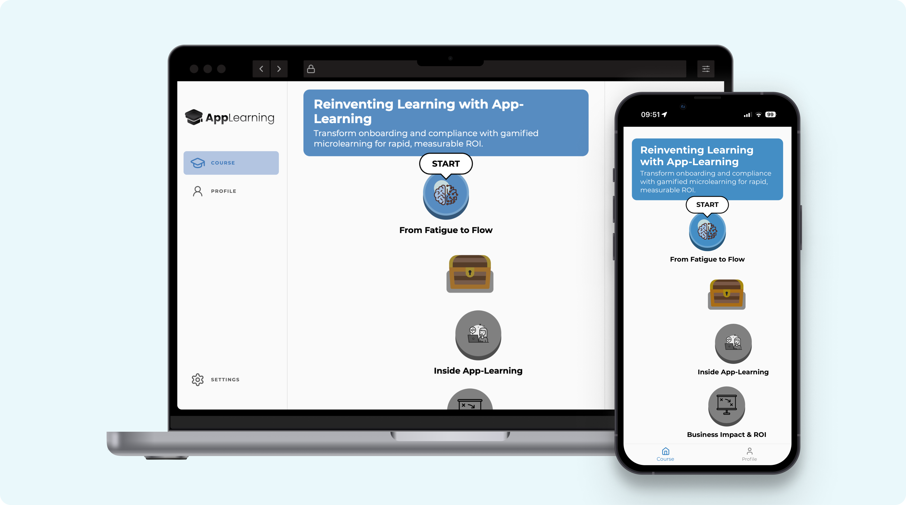App-Learning platform shown on laptop and mobile, demonstrating learning paths and compliance onboarding.