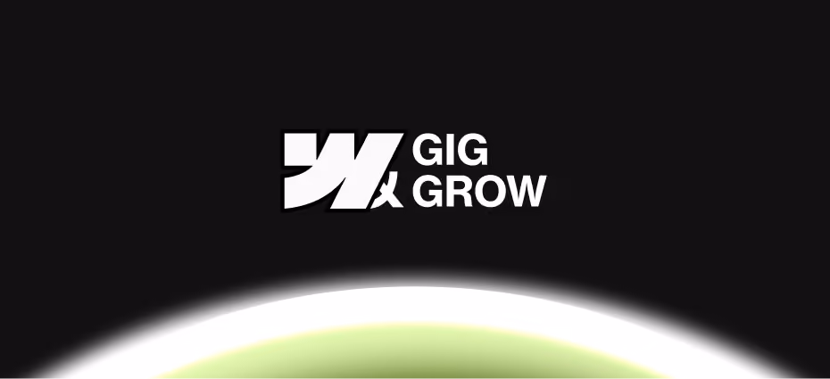 White logo with abstract design and text 'GIG & GROW' on black background with bright curve at bottom.
