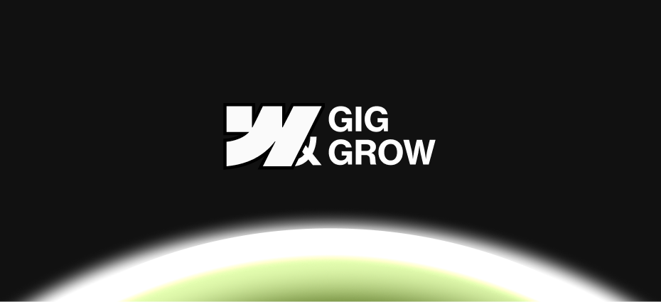 White logo with abstract design and text 'GIG & GROW' on black background with bright curve at bottom.