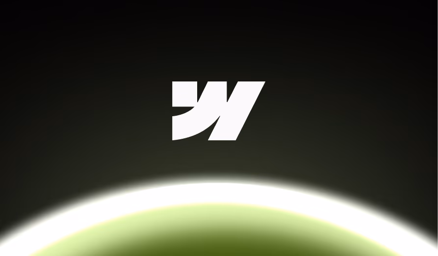 White abstract angular shape above a glowing greenish horizon on a dark background.