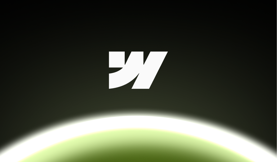 White abstract angular shape above a glowing greenish horizon on a dark background.