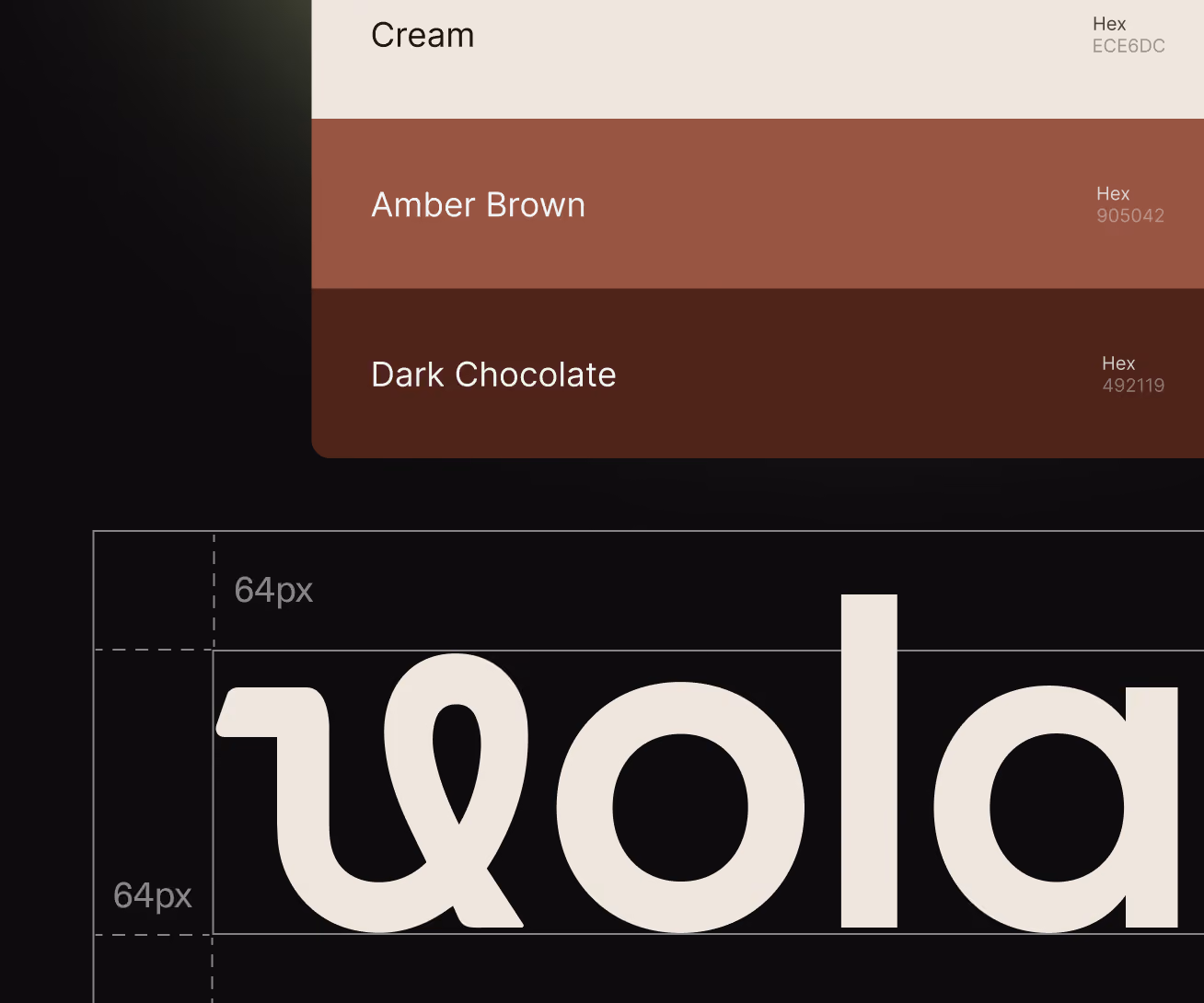 A partial view of a color palette with three horizontal swatches labeled Cream (Hex ECE6DC), Amber Brown (Hex 905042), and Dark Chocolate (Hex 492119) in a vertical stack, above a graphic showing a stylized lowercase word 'wola' in cream color inside a 64px by 64px grid on a black background.