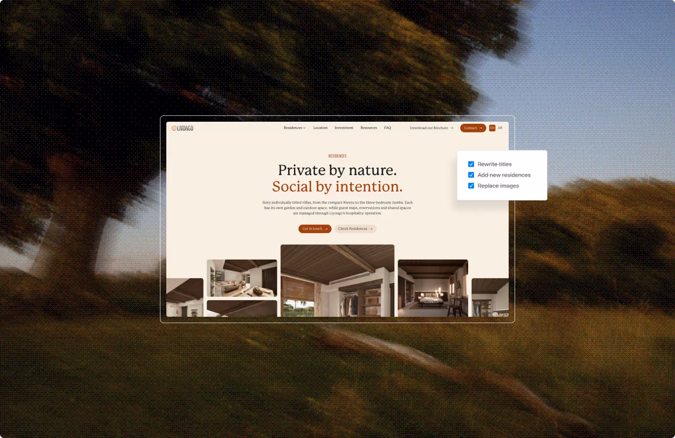 A website webpage showing a housing or residence service with the heading 'Private by nature. Social by intention.' Below are images of interiors including a kitchen, closet, and bedroom. On the right side, a small pop-up menu lists options: Rewrite titles, Add new residences, Replace images, all checked.