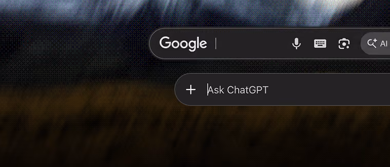Close-up of a digital interface showing a Google search bar with microphone, keyboard, and lens icons, and a dark search prompt input field with the text 'Ask ChatGPT'.