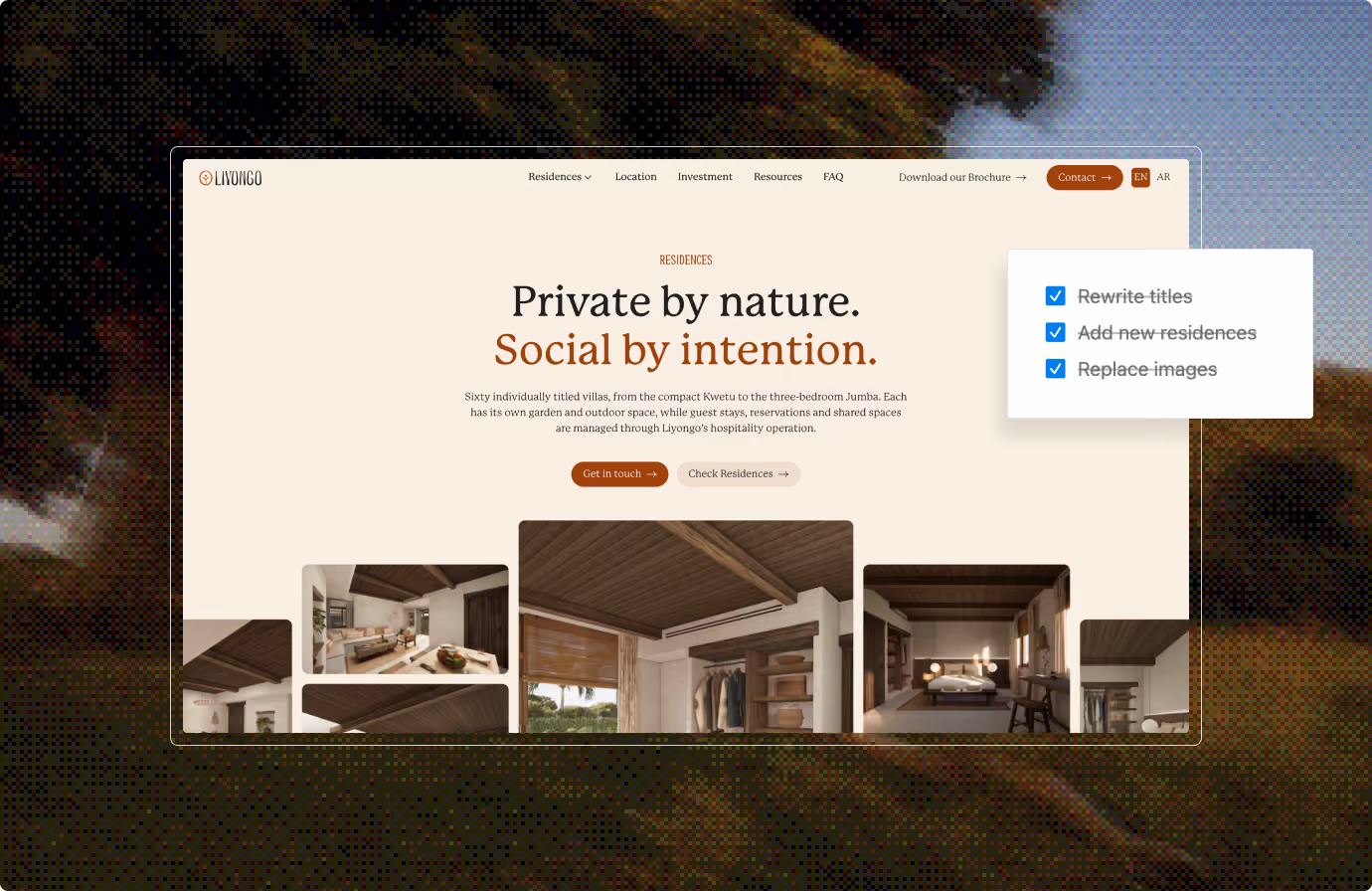 Website homepage for Liyongo focusing on residences with the headline 'Private by nature. Social by intention.' showcasing individually titled villas with garden and outdoor spaces, plus navigation options for residences, location, investment, resources, FAQ, brochure download, contact button, and language toggle.