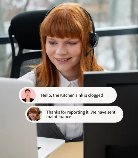 Remote hospitality support agent resolving a guest issue using Dharma's full-service management chat platform