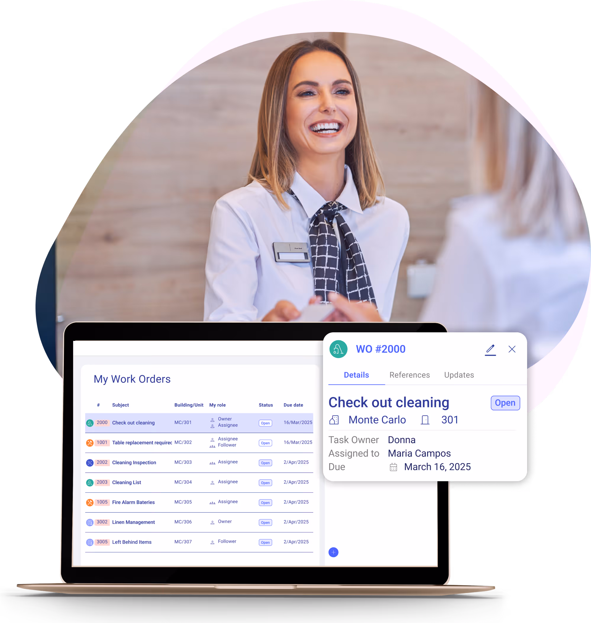 Hotel front desk receptionist using hotel management software to handle daily property operations