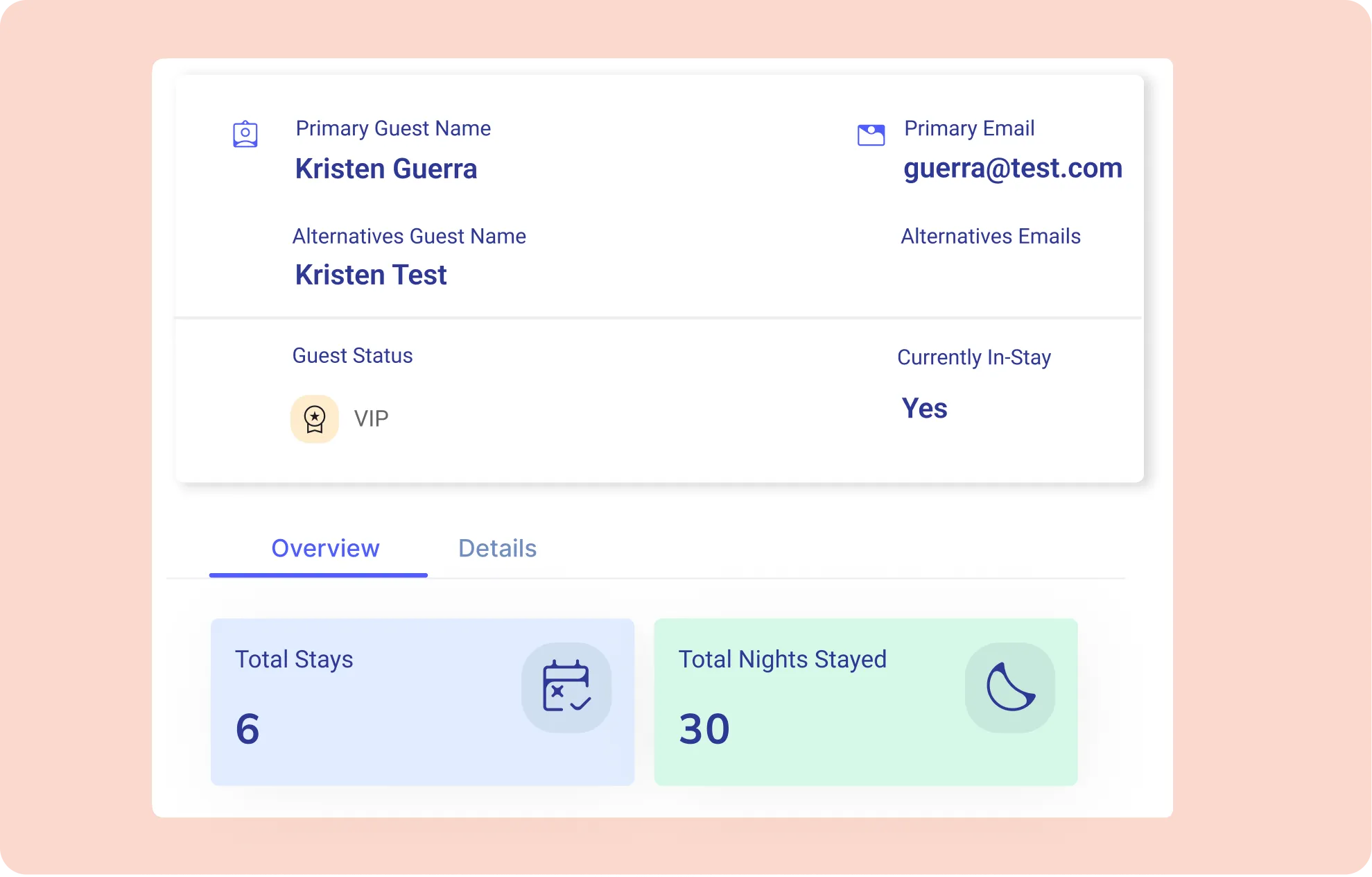 Digital guest profile interface showing stay history, total nights stayed, and personalized customer data