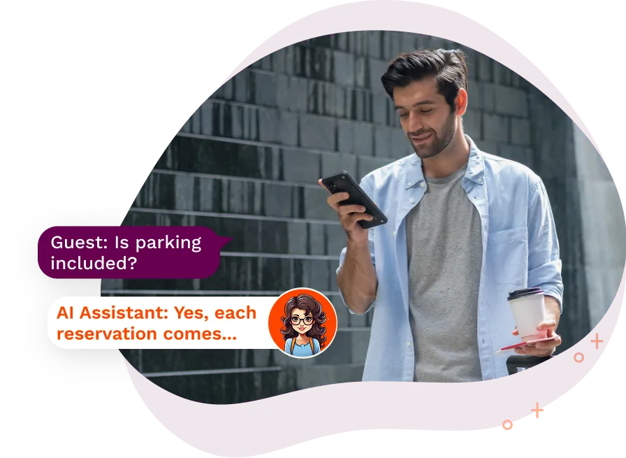 Man holding coffee and mobile phone, chatting with AI assistant