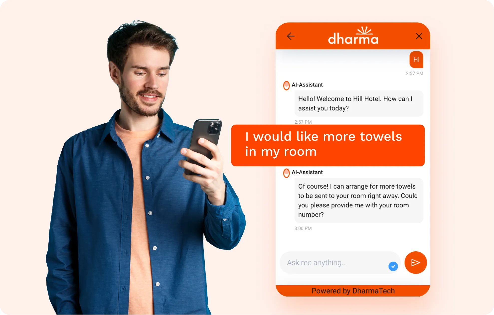 Man using a smartphone app to request more towels for his hotel room via AI assistant chat.