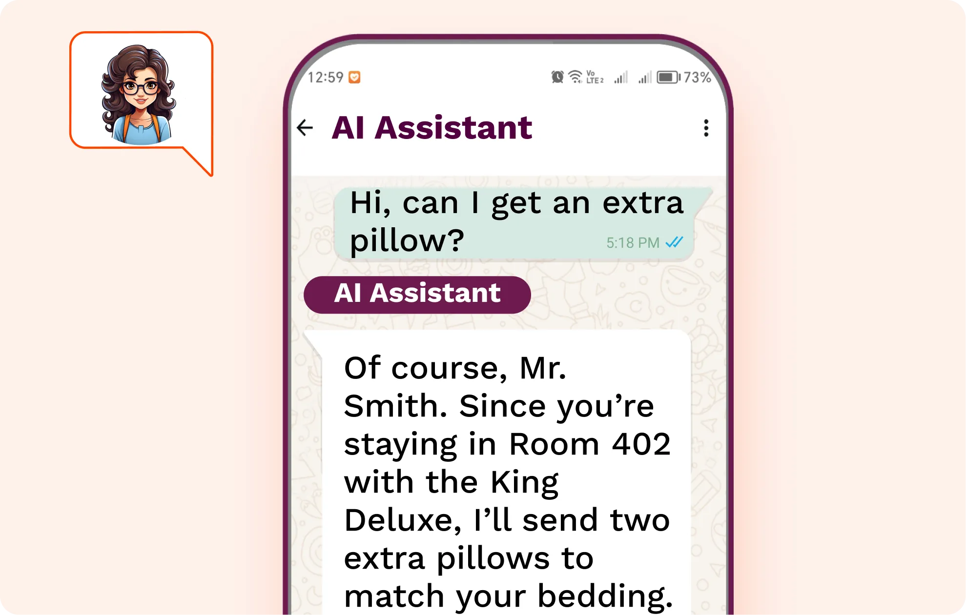 Chat screen of AI assistant offering extra pillows for room 402 King Deluxe to guest Mr. Smith.