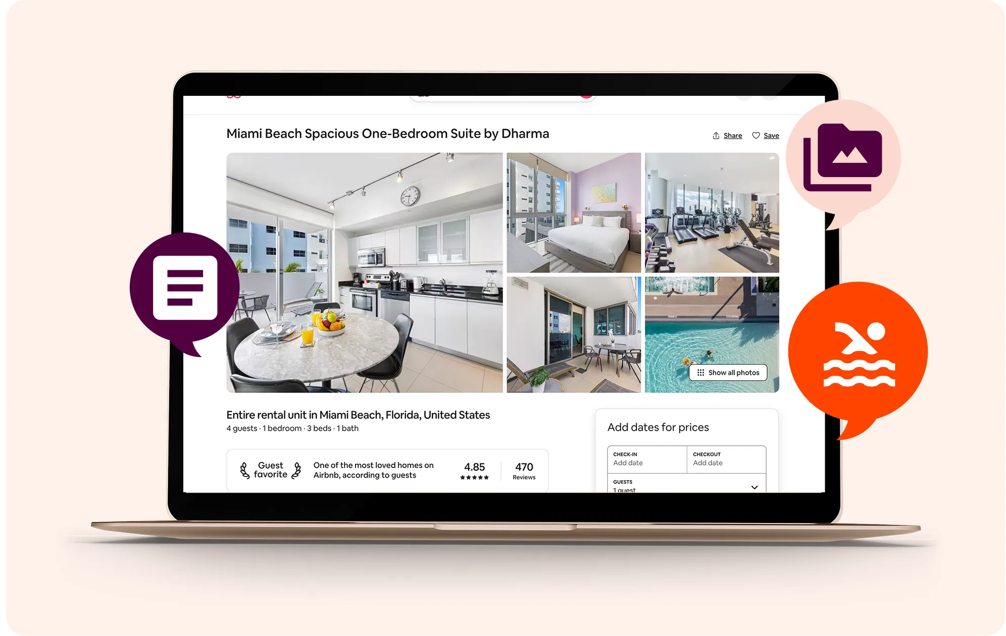 Airbnb listing management interface displaying optimized property photos and co-hosting details on a laptop