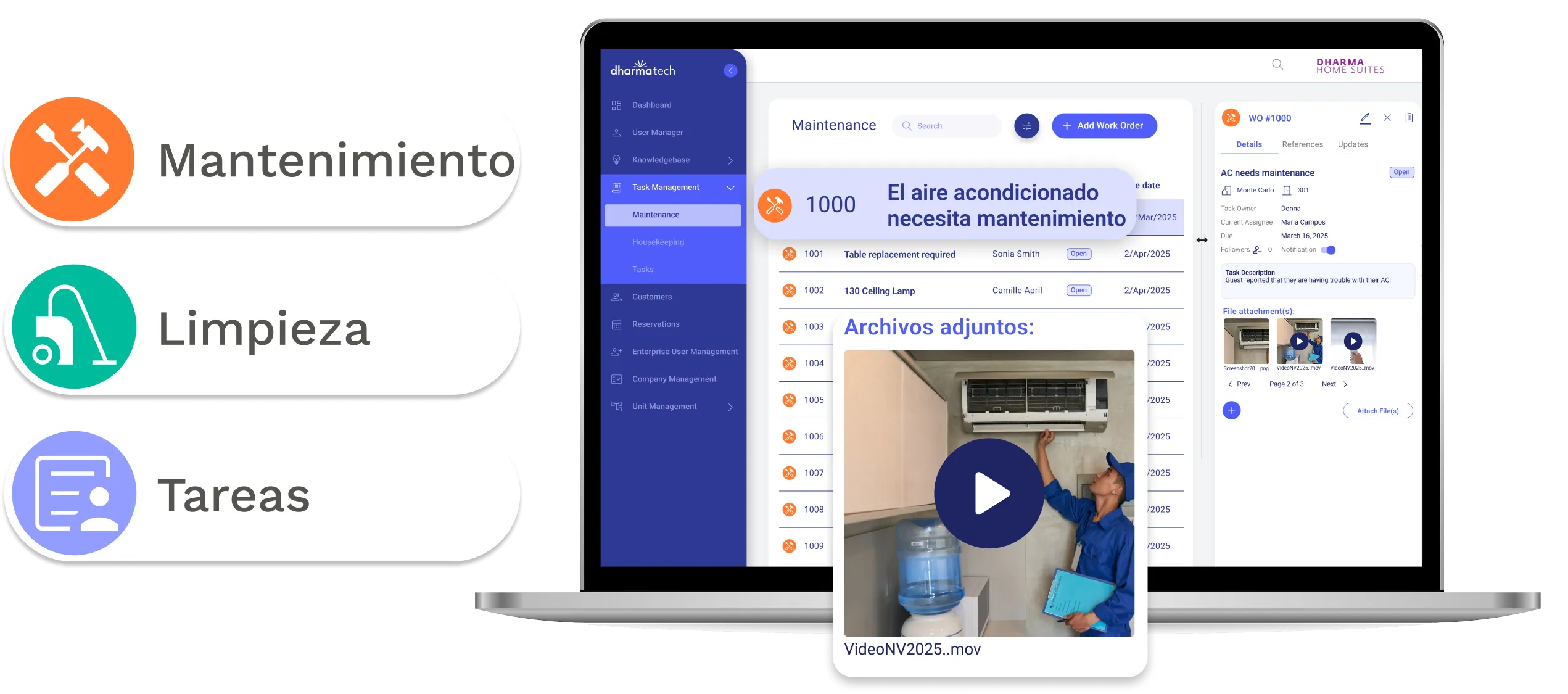 Panel de gestión de propiedades organizando órdenes de trabajo de mantenimiento y tareas de limpieza
