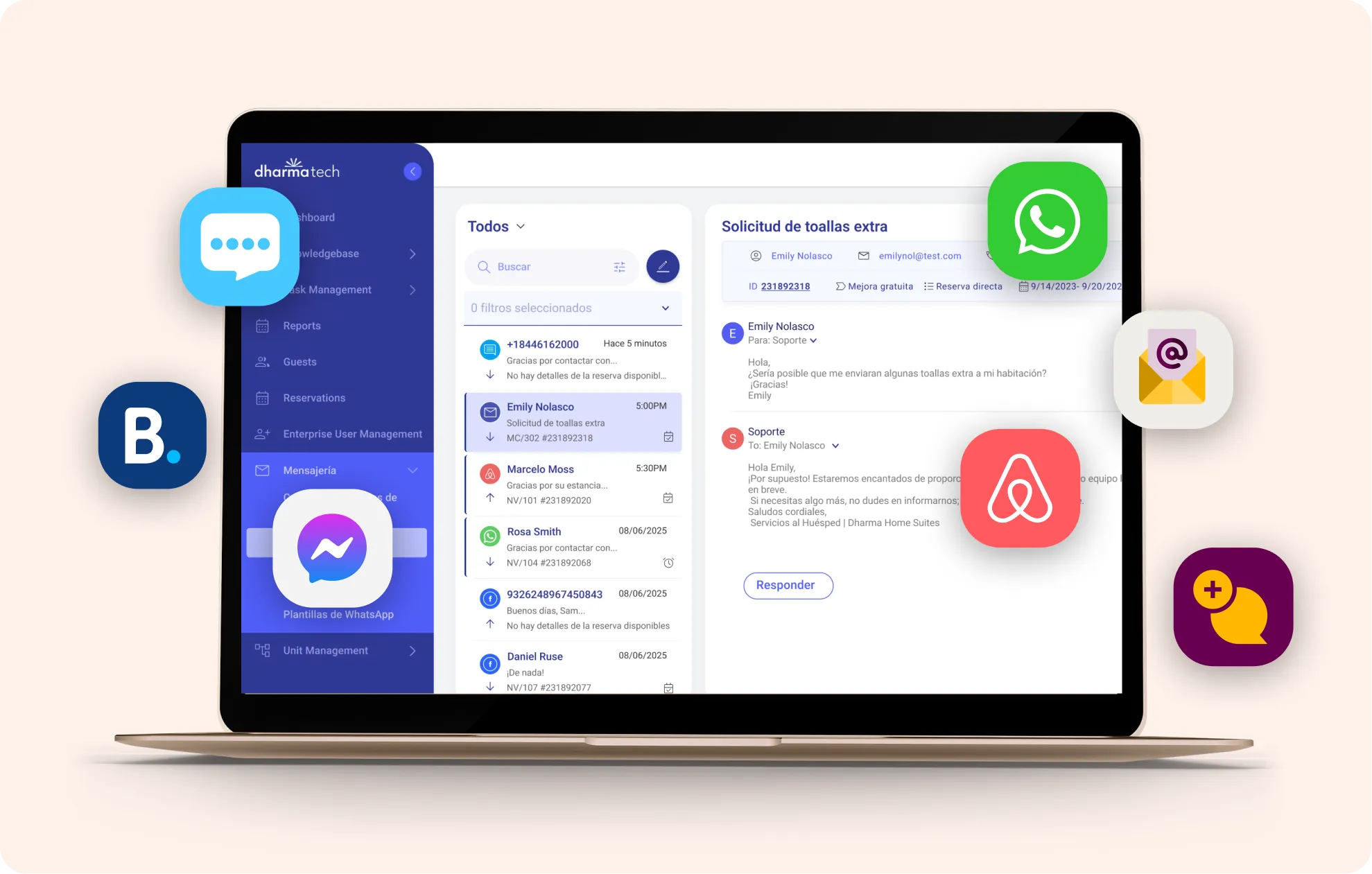 gestionando mensajes de Airbnb, Booking y WhatsApp.
