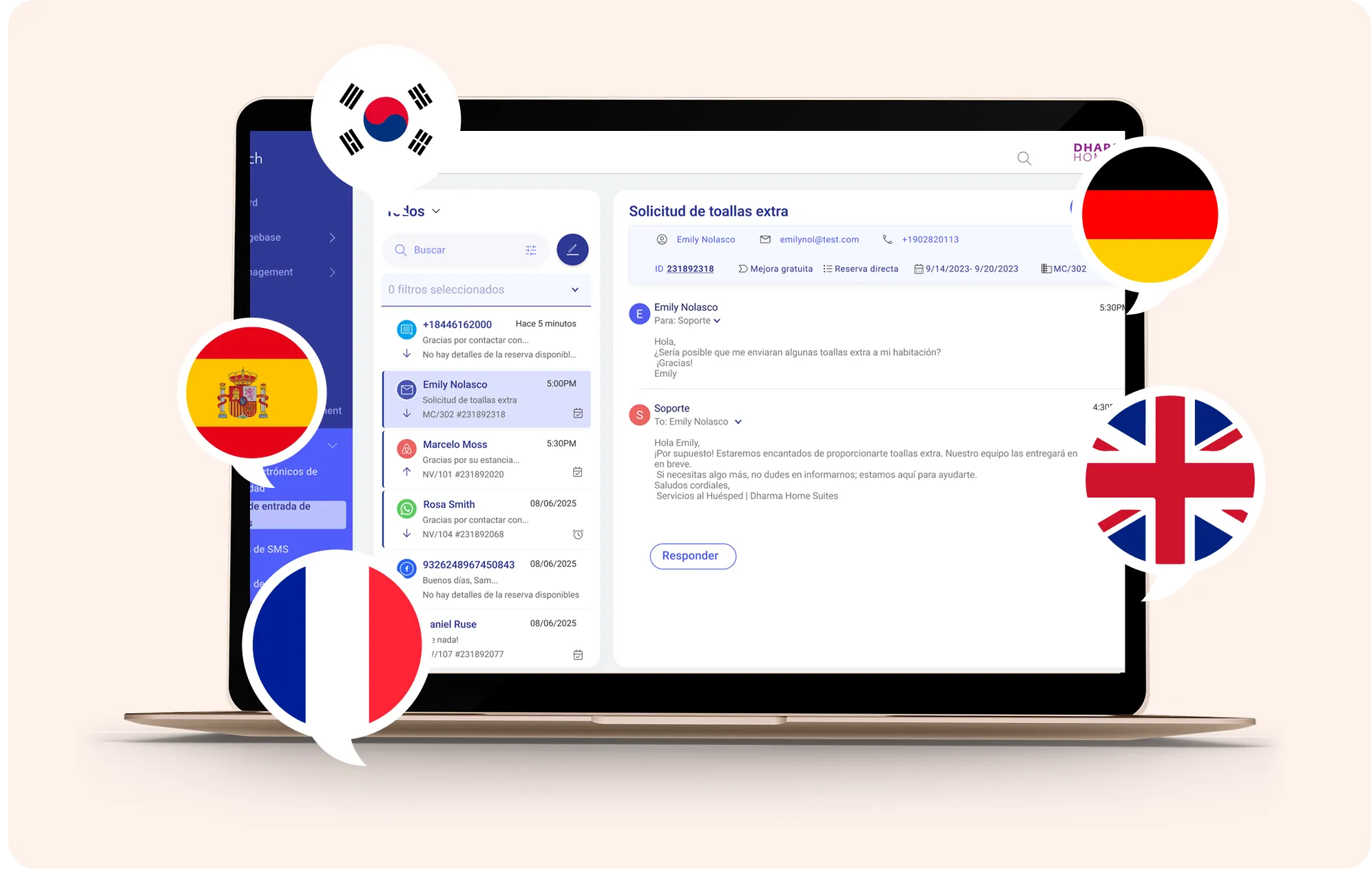 Laptop screen showing a multilingual guest messaging system with messages and language flags around it.