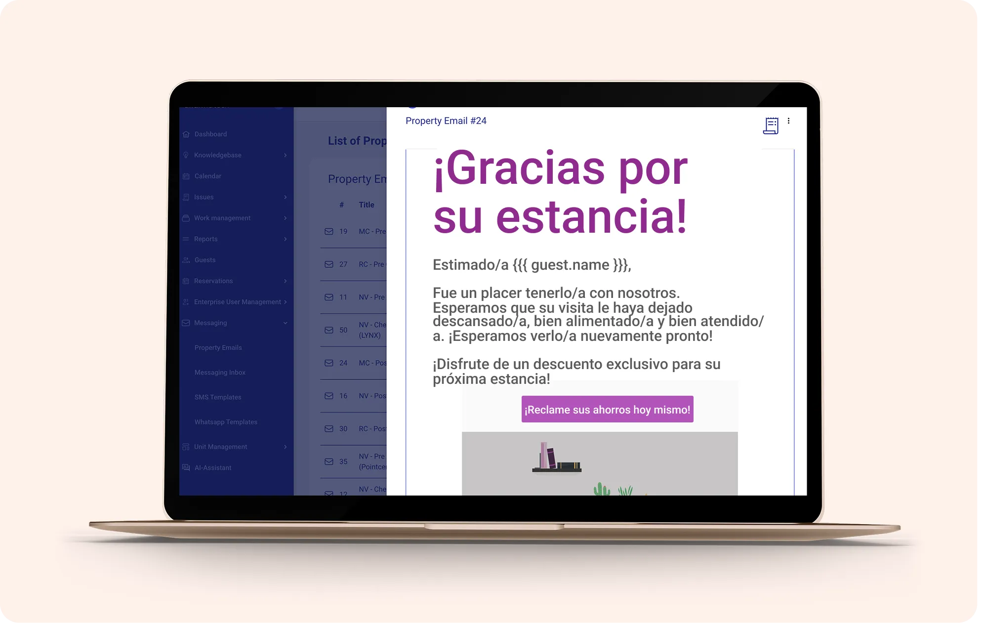 Laptop screen showing a thank you email for a guest's stay with an exclusive discount offer.